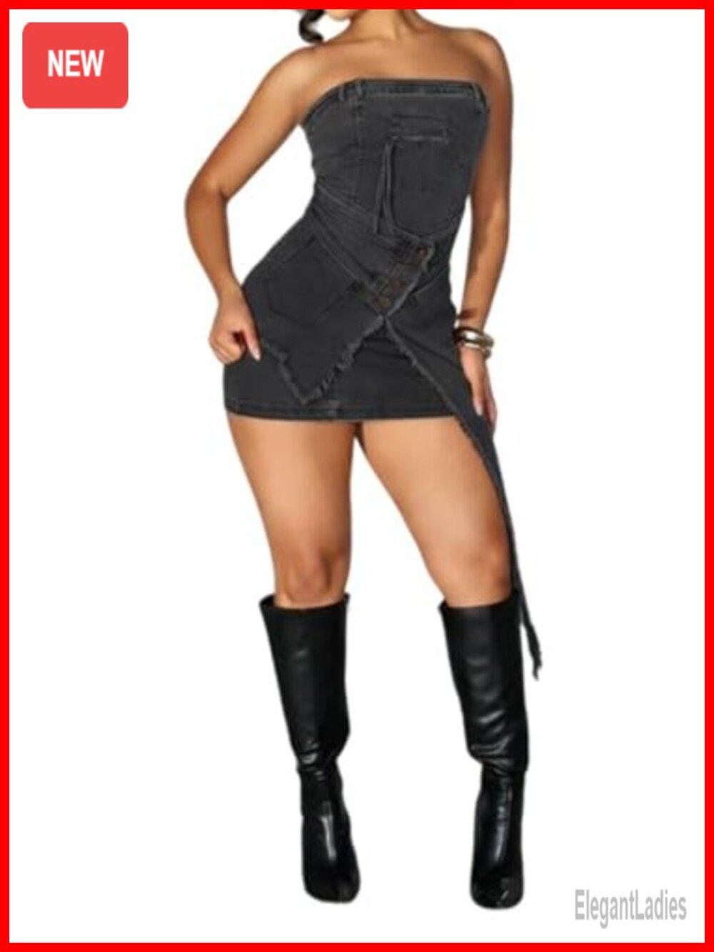 Strapless Frayed Hem Denim Bodycon Mini Dress Club Night Out